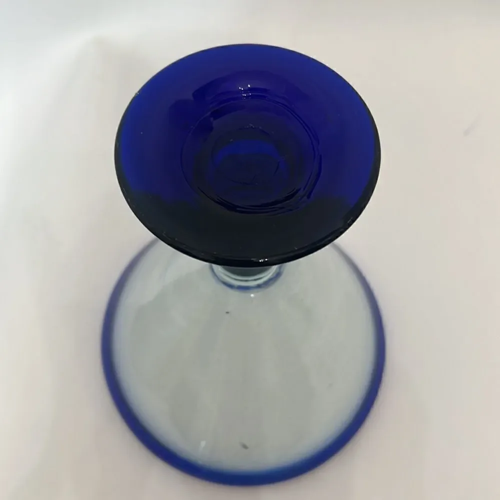 Blue Margarita Glass Hand Blown 4 Cups 6 1/2 In Round 7 3/4 Tall